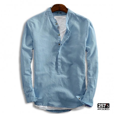 Camicia Uomo New Vintage in Cotone e Lino Collo Coreano azzurra