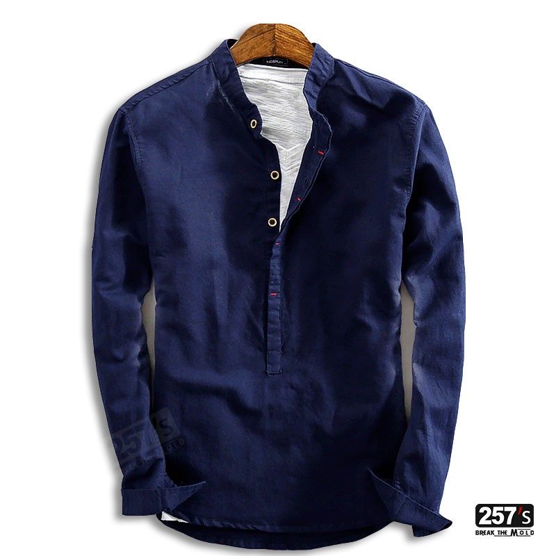 Camicia Uomo New Vintage in Cotone e Lino Collo Coreano blu navy