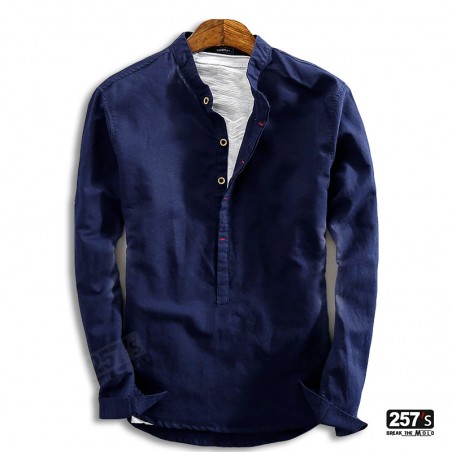 New Vintage Man Shirt in Cotton and Linen Korean Collar blue navy