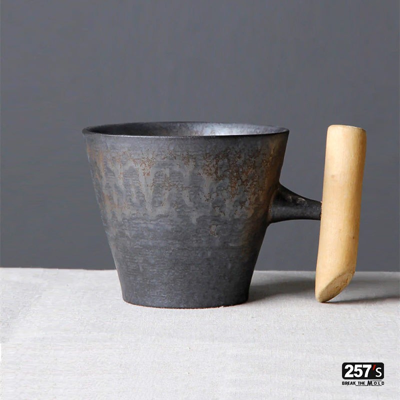 Japan Style New Vintage Mug in Ceramic Earthenware and Wood