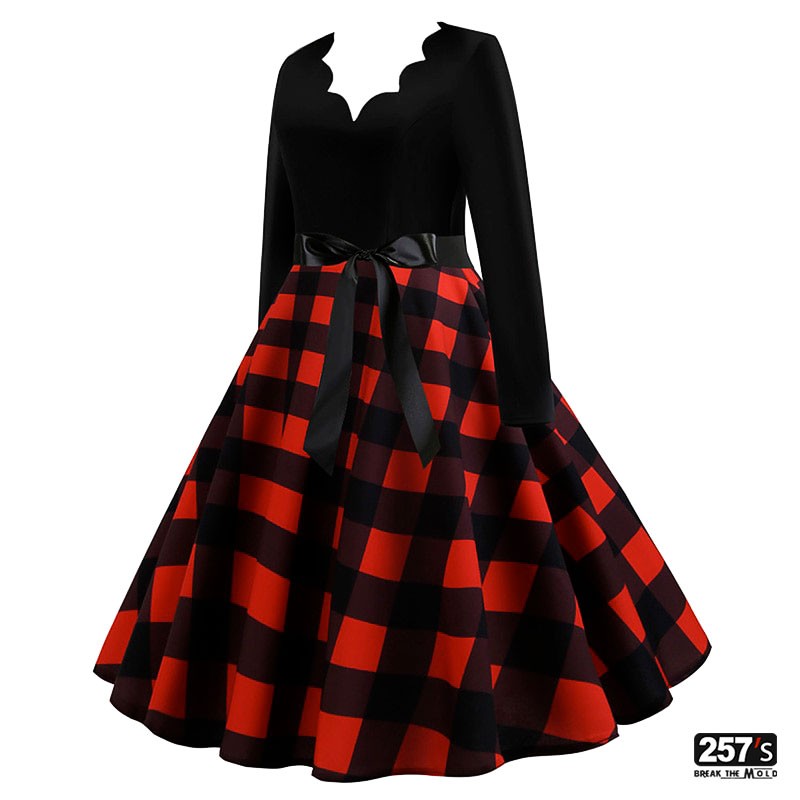 Vestito Rockabilly Swing anni 50 - Fit & Flare in Cotone e maniche lunghe rosso nero