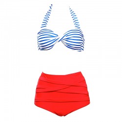 Bikini vintage modello pinup anni 50s vita alta rosso e blu righe