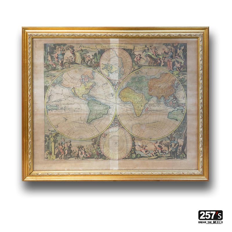 Mappa del mondo del 1686 di Gerard Valck acquerellata a mano