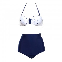 Bikini vintage modello pinup anni 50s vita alta bianco e blu pois