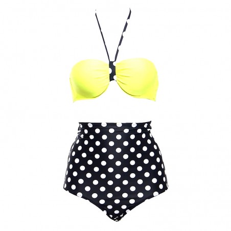 Bikini vintage modello pinup anni 50s vita alta nero giallo e bianco pois