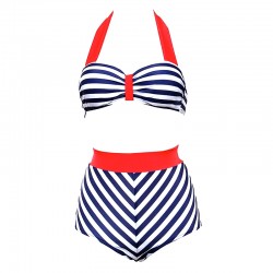 Bikini vintage modello pinup anni 50s vita alta bianco rosso e blu a strisce