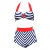 Bikini vintage modello pinup anni 50s vita alta bianco rosso e blu a strisce