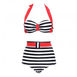 Bikini vintage modello pinup anni 50s vita alta bianco e nero a strisce con particolari rossi