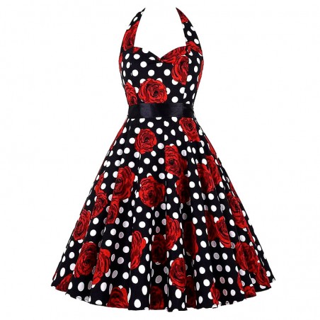 Vestito rockabilly swing anni 50's stile halter strap a cuore pois e fantasia floreale