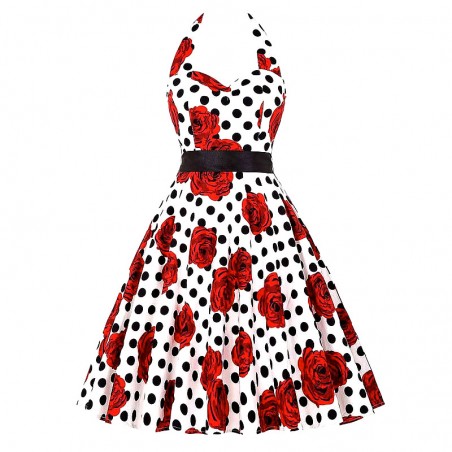 Vestito rockabilly swing anni 50's stile halter strap a cuore pois e fantasia floreale