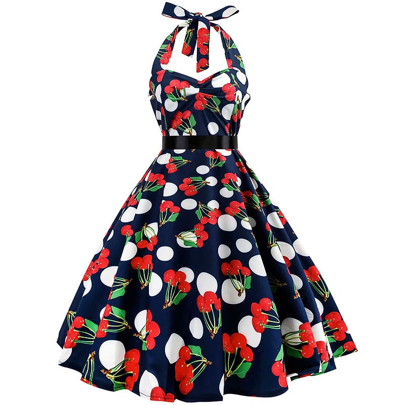 Vestito rockabilly swing anni 50's stile halter strap a cuore pois e fantasia floreale