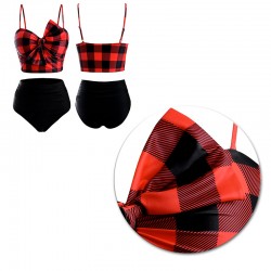 Vintage pinup bikini with checked top and bow and black high-waisted briefs