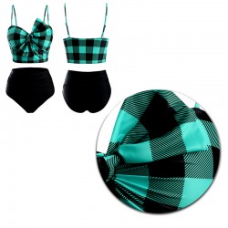 Vintage pinup bikini with checked top and bow and black high-waisted briefs