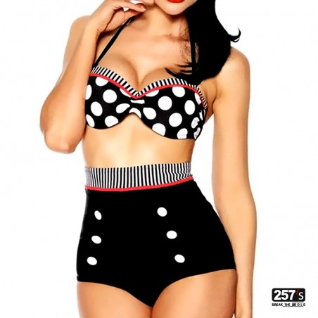 Bikini vita alta new rockabilly top con halter strap e slip con bottoni