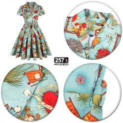 Vestito Donna New Vintage fit&flare con bottoni mezze maniche fantasia stampe