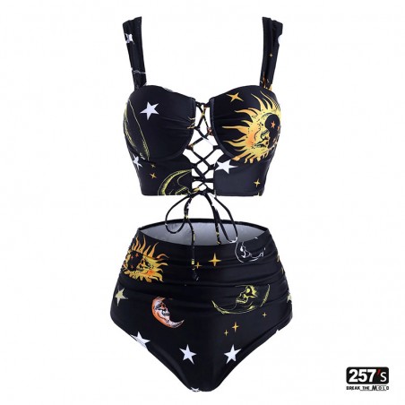 Bikini vita alta e top corsetto halter strap rockabily fantasia luna sole costellazioni