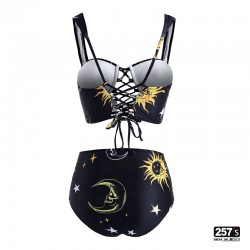 Bikini vita alta e top corsetto halter strap rockabily fantasia luna sole costellazioni