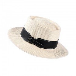 Vintage summer pork-pie hat for men - straw - contrast trim - buckle