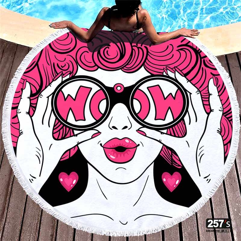 Circular beach towel with fringes, new vintage cartoon design from the 50s