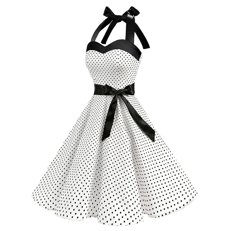 Vestito fit&flare - scollo halter strap a cuore con inserto nero - fantasia pois piccoli