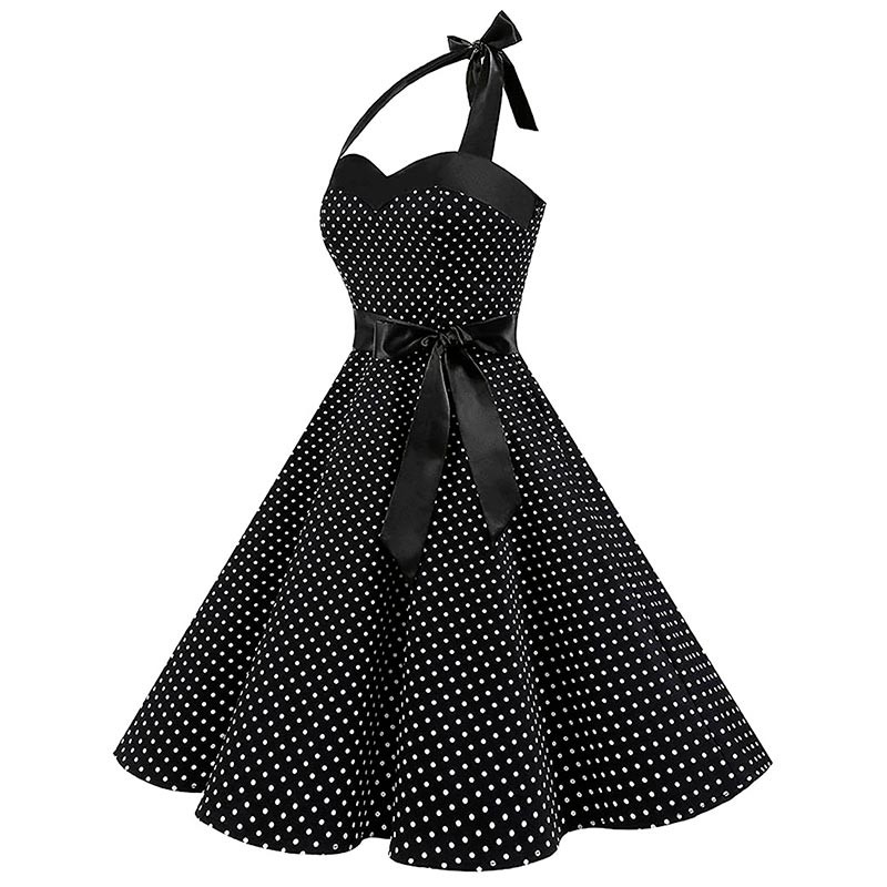 Cotton fit & flare dress - rockabilly with heart strap halter neckline and bands - small polka dots