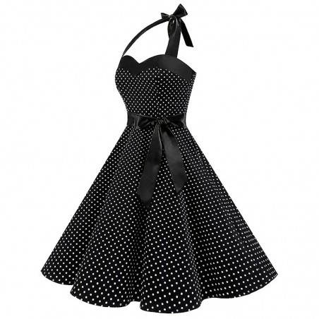 Vestito fit & flare cotone - rockabilly con scollo halter strap a cuore e fasce - pois piccoli