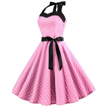 Vestito fit & flare cotone - rockabilly con scollo halter strap a cuore e fasce - pois piccoli