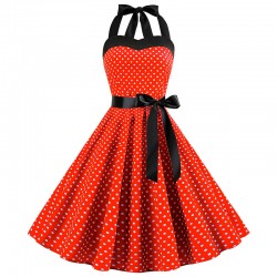 Cotton fit & flare dress - rockabilly with heart strap halter neckline and bands - small polka dots