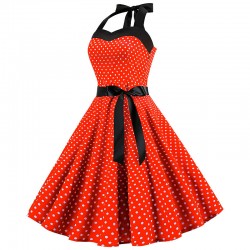 Cotton fit & flare dress - rockabilly with heart strap halter neckline and bands - small polka dots