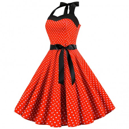 Vestito fit & flare cotone - rockabilly con scollo halter strap a cuore e fasce - pois piccoli