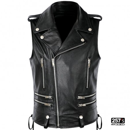 Men's Vest Genuine Leather New Vintage Biker Pointed Collar Studs and Zip