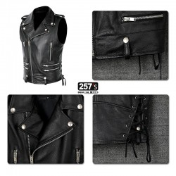 Men's Vest Genuine Leather New Vintage Biker Pointed Collar Studs and Zip