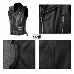 Men's Vest Genuine Leather New Vintage Biker Pointed Collar Studs and Zip