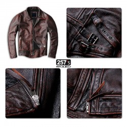 Giacca Pelle Uomo Vintage Biker con Zip Collo Dritto Marrone Grunge