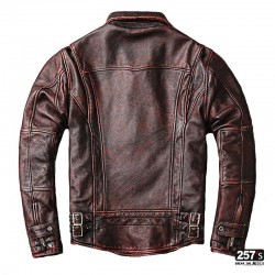 Vintage Biker Men's Leather Jacket with Zip Straight Collar Brown Grunge