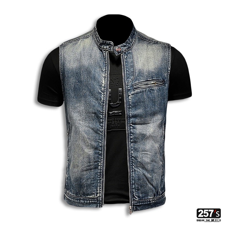 Men's Biker Vest in Jeans with Zip and Korean Collar