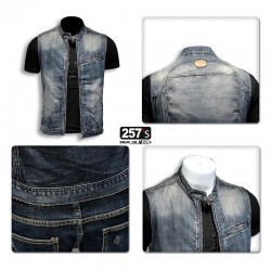 Gilet Uomo Biker in Jeans con Zip e Colletto Coreano